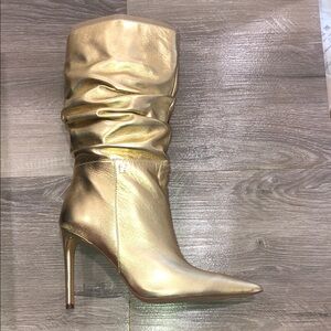 DKNY Maliza Leather Gold Slouch Pull on Stiletto Calf Heel Boots New
